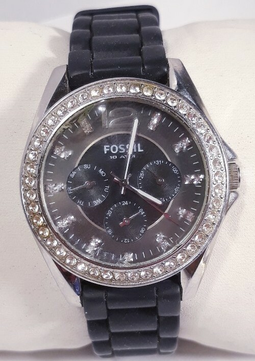 Women Fossil Riley Watch Es2345 Black Rubber Band Steel Case