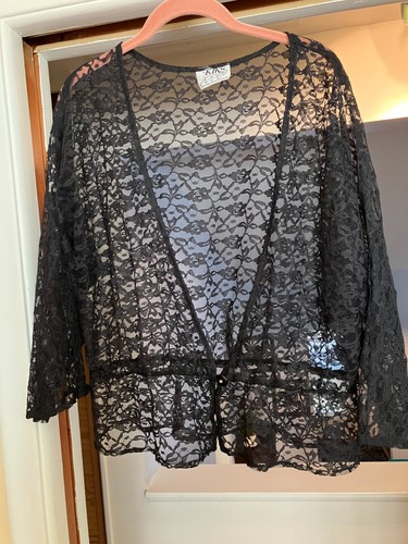 Vintage KIKS Sheer Black Floral Lace 3/4 Sleeve Bed Jacket XL Romantic Goth - Picture 3 of 15