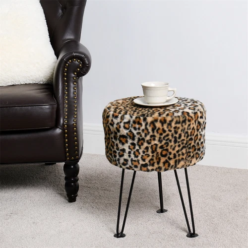 Modern Mink Footstool Vanity Bench Leopard Furry Faux Fur Stool with Black Legs image 8