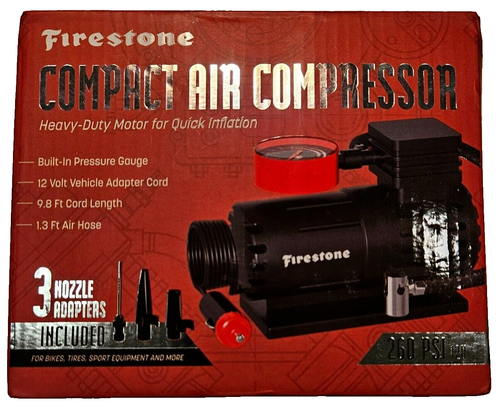 Firestone Heavy Duty Compact Air Compressor 260 PSI 12V 3 Nozzle Adapters