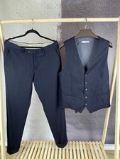 0909 striped wool navy blue set vest pants suit