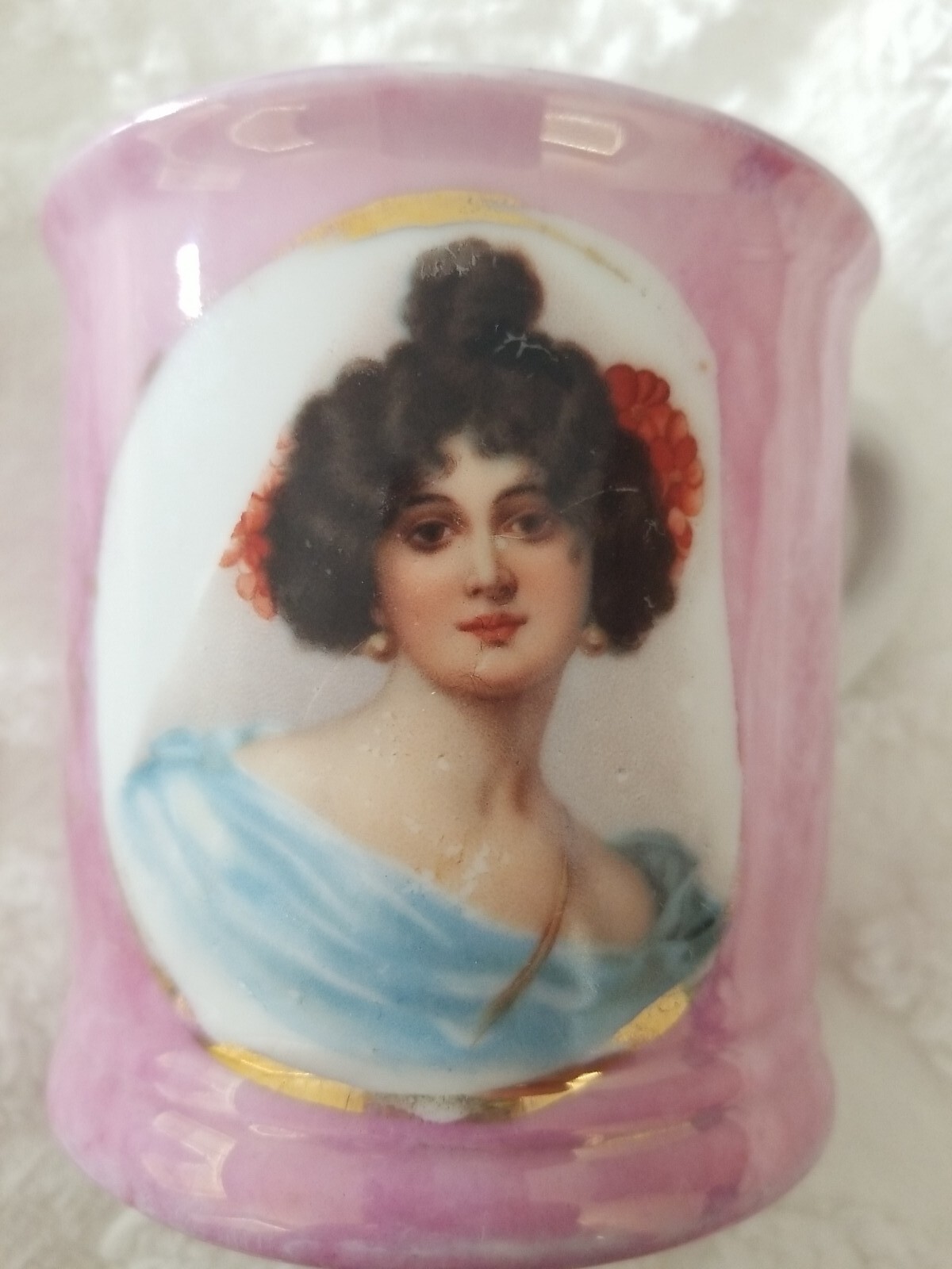 Shaving Scuttle Mug Cup Porcelain Pink White Vintage Antique Woman