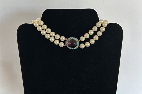 Ciner Double Strand Pearl Choker Necklace Amethyst Gripoix Cabochon Clasp - Picture 7 of 15