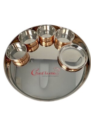 Edelstahl Kupfer gehämmert traditionell indisch 6 Thali Schüssel Tablett Set 34 cm