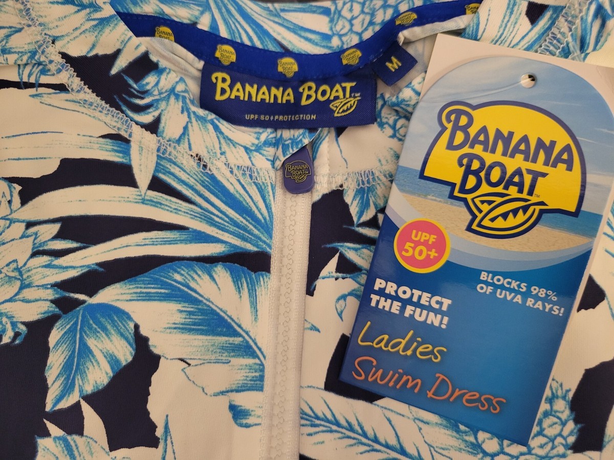 NWT Banana Boat UPF 50 Long Sleeve Sun Dress Medium Blue White Floral Swim  Dress
