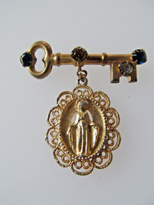 Vintage Miraculous Medal (Lady of Grace) Charm with Key Brooch