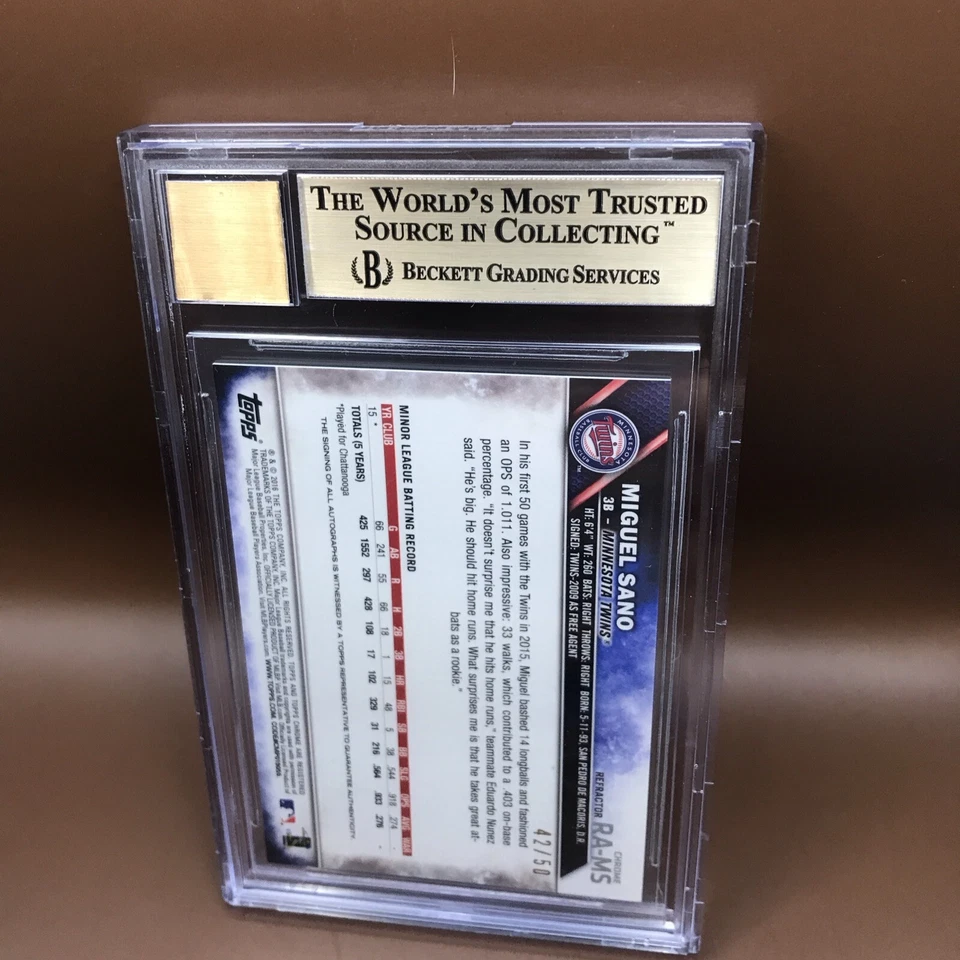 2016 Topps Chrome Miguel Sano Gold Refractor Rookie RC Auto #42/50 BGS 9.5/10 - Image 2 of 2