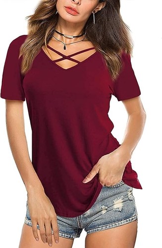 Women's Top Shirts with Short Sleeve Criss Cross V Neck - Picture 2 of 19