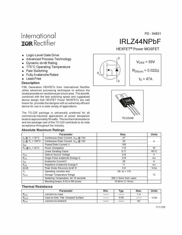 10 Stück IRLZ44N IRLZ44 PBF Leistungstransistor MOSFET Logikpegel N-Kanal 0,022 OHM - Bild 4 von 4