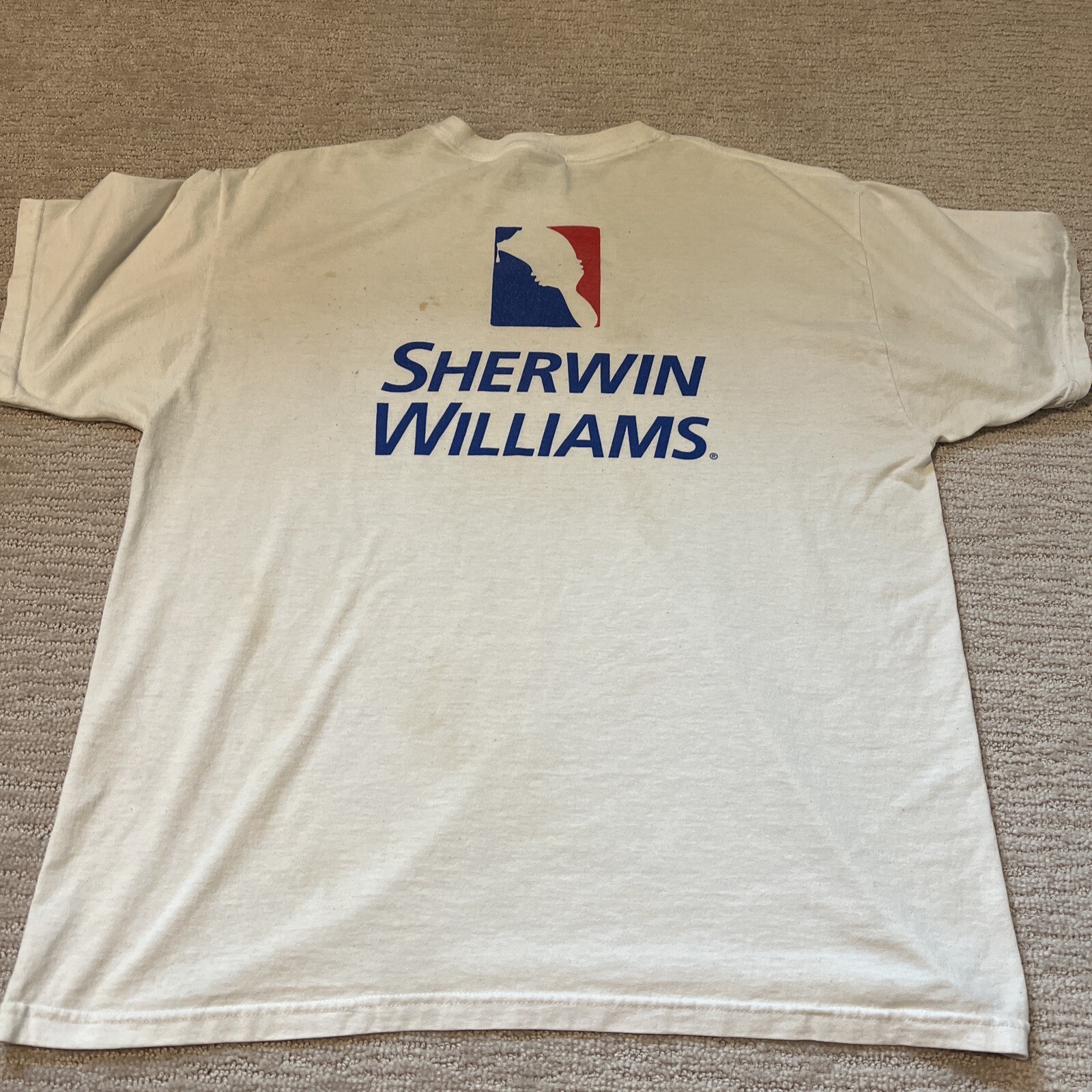 Vintage Sherwin Williams Shirt Mens XL White Blue Top Spell Out Logo