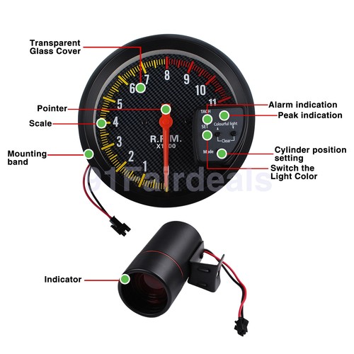 Tackomiter 5 Inch Universal Car Tachometer 12V 7 Color LED Carbon Black RPM Gauge ...