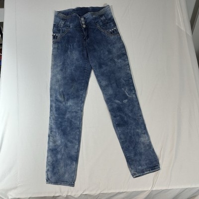 Diva Star Juniors Jeans Sz 11 Blue Wash Button Fly Embellished Denim Stretch Y2K