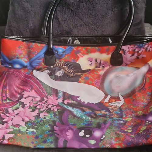 Canvas Oriental Woman Reflection Pattern Tote Bag Red Interior Zippered Pocket