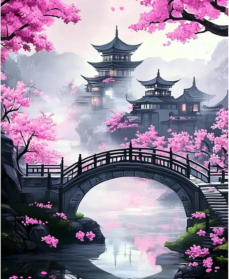 NEWENMO DIY Kirschblüte Malen Nach Zahlen Erwachsene,Chinesische Architektur