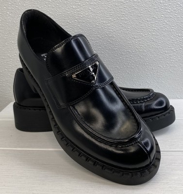 Prada Loafers Womens US8 EU38 Black Brushed Leather Chunky Block Heel *PREOWNED*