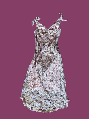 B Moss Early 2000s Flowy Y2k Midi Dress Pink Brown Floral Mesh Overlay Size M/L