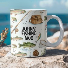 Personalized Fishing Mug, Custom Name Bass Trout Watercolor Coffee Cup