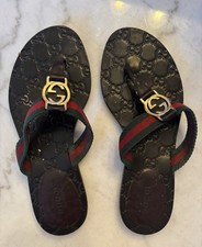 Gucci GG Logo Web Stripe Thong Sandals Dark Brown Leather EU 36 Box