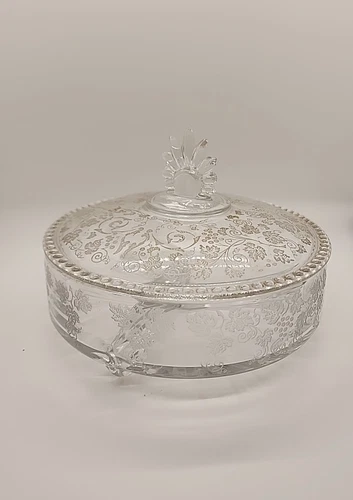 New Martinsville Florentine Candy Dish and Lid Divided 3 Part Depression Glass