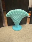 Vintage Fenton Light Blue Milk Glass Hobnail Miniature Fan Vase