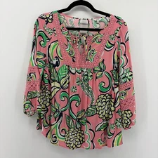 Crown & Ivy Pink Floral Crochet Sleeve Tunic Top Blouse Women's XS