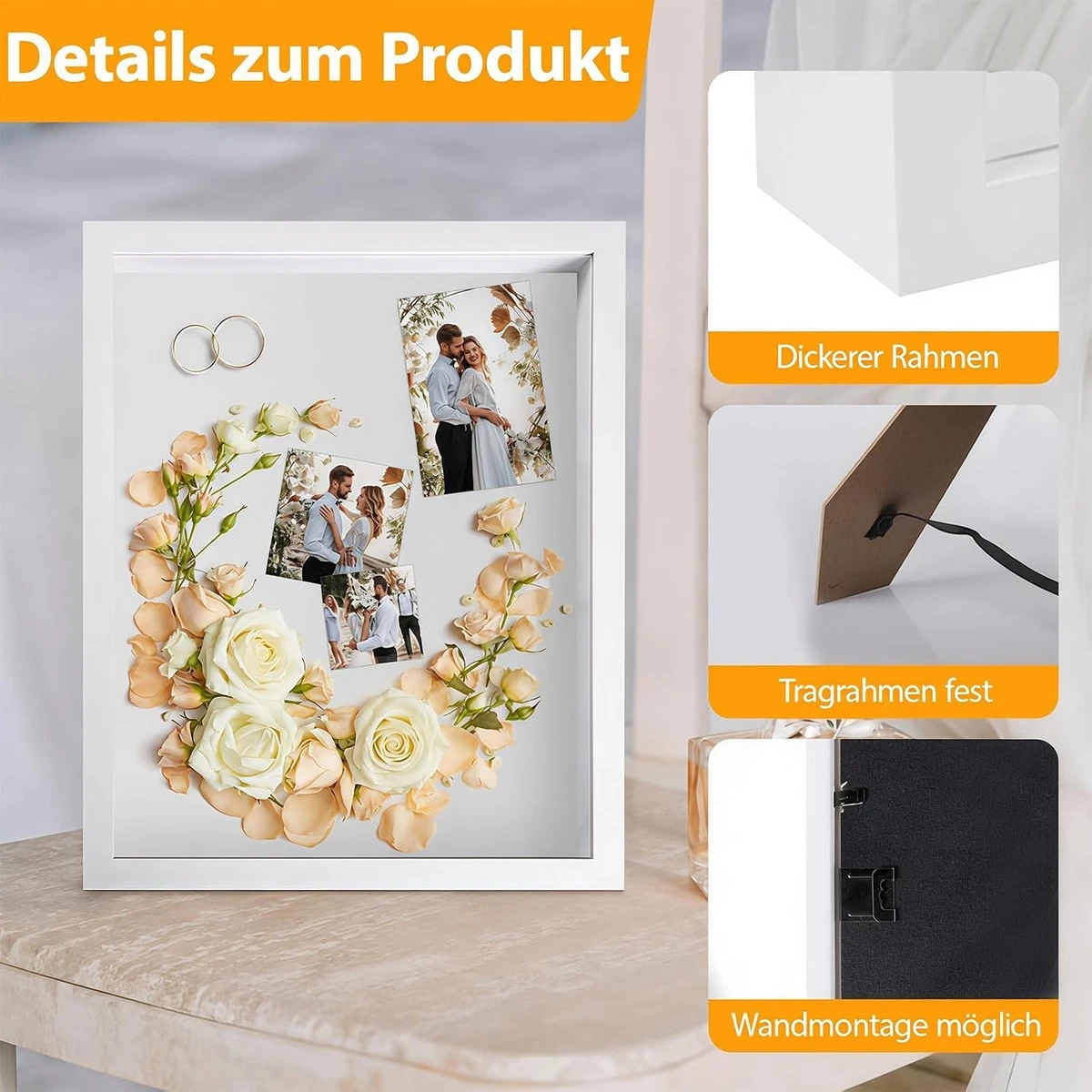 3D Bilderrahmen Weiß Holz Tief 21-29,7 cm für Objekte bis 3 cm DIY Geschenk