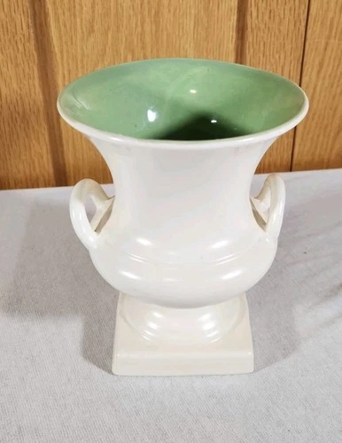 Vintage Red Wing Pottery Vase Handles Trophy #871 White Exterior Green Interior