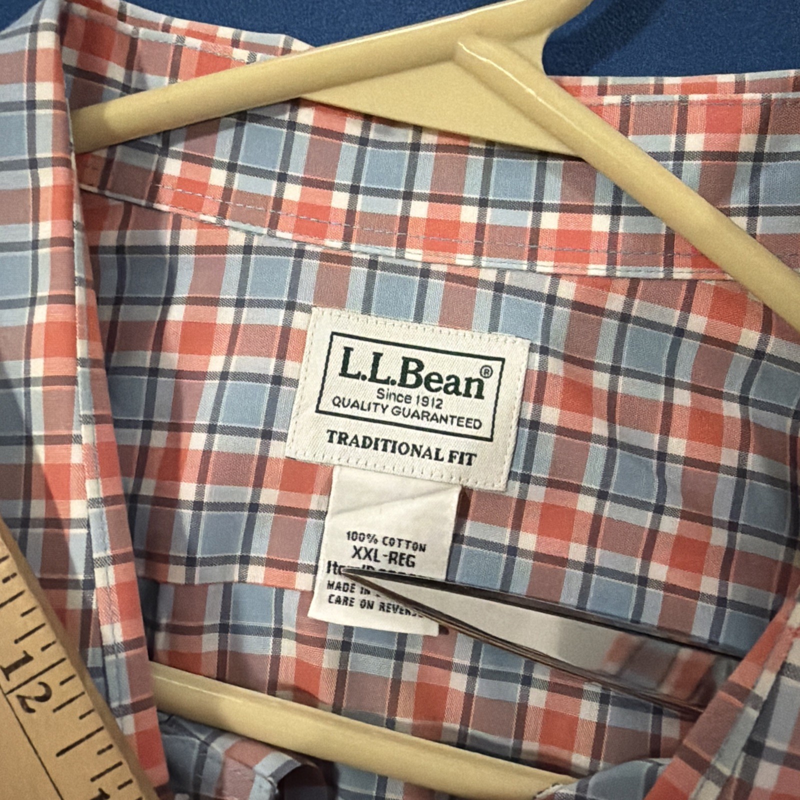LL Bean Mens Shirt Size XXL Coral / Light Blue Check Plaid Lightweight Cotton