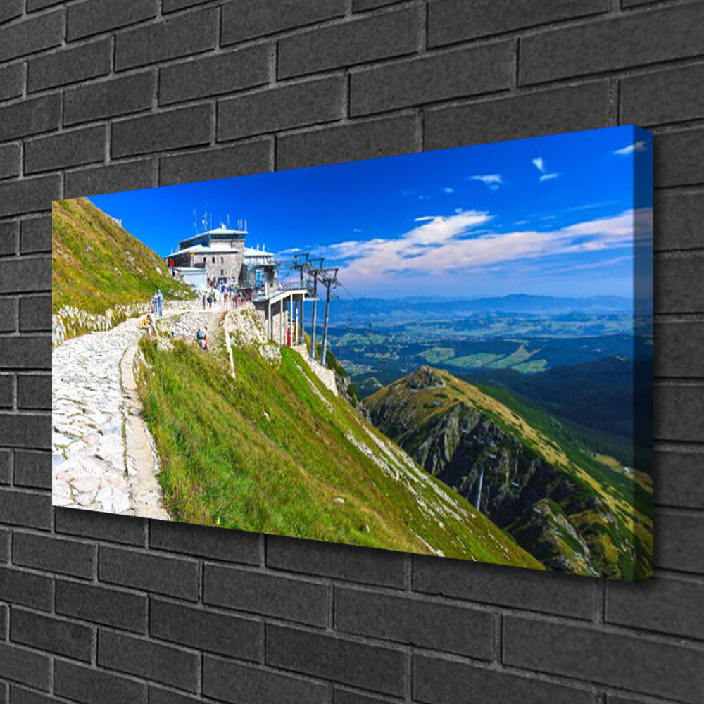 Impression sur toile de lin paysage montagnard cadre bois premium 100x50