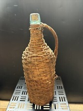 Vintage Wicker Covered Rattan Demijohn Aqua Blue Handled Bottle Carboy 14”