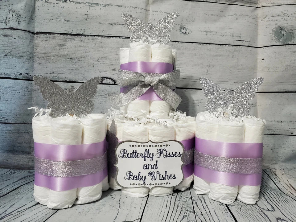 Juegos y pasteles de pañales de 3 niveles - Butterfly Kisses Baby Wishes púrpura plata dorado Foto 4 de 4
