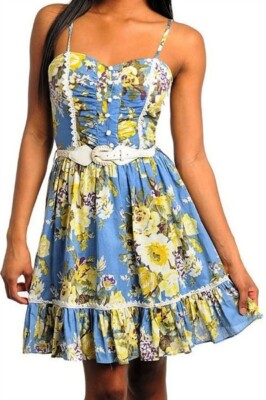 Y2K Blue Floral belted Ruffled Mini B Bardot Retro Style Cleavage dress New V2K