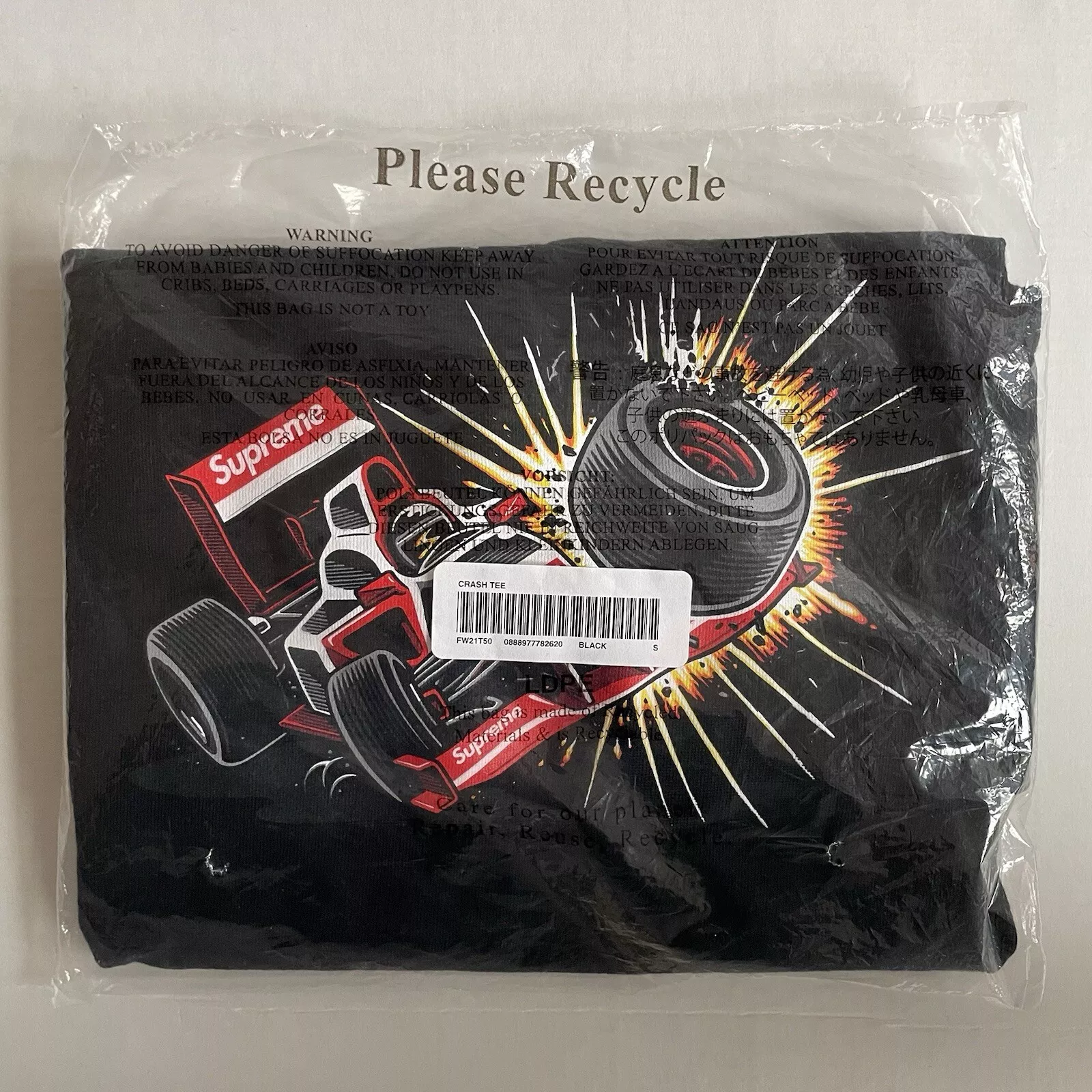 Tee shirt voiture Supreme CRASH F1 Formule 1 taille SMALL S en noir neuf AW21 semaine 7