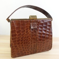 1940s Vintage Crocodile Alligator Handbag Small DIETSCH Brown Exotic Frame Purse