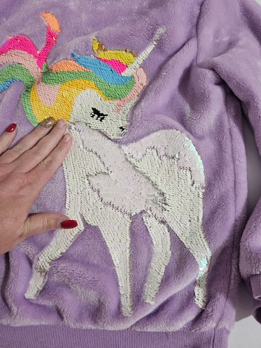 Girl’s H&M Reverse Sequin Unicorn Purple Lilac Velour Sweater Size 8-10years - Picture 3 of 8