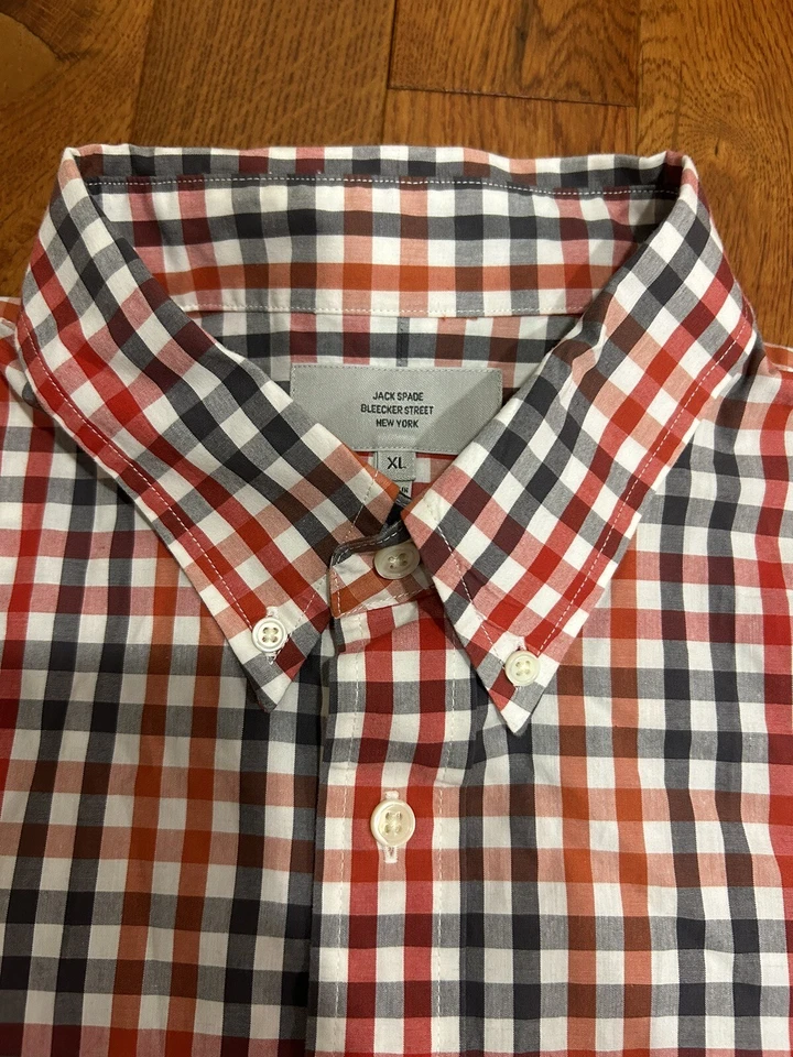 Мужская рубашка Jack Spade на пуговицах с длинным рукавом красная, белая и синяя клетчатая размер XL - Изображение 3 из 4