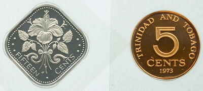 1976 BAHAMAS UK TRINIDAD TOBAGO 15 Cents 5 Ct Proof Lot of 2 Coins