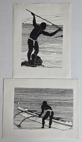 Hawaiian Spearfisherman-Outrigger Canoe-Black And White Prints (2)-8.5" X 11"