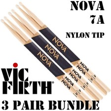Vic Firth Drumsticks 7A Nova Hickory Nylon Tip 3 Set Bundle