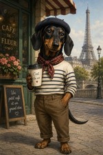 Dachshund Antropomórfico Perros París Francia Café Animales Postal Moderna C319