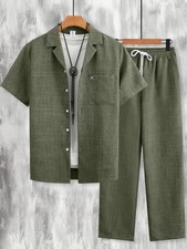 Men s Textured 2 Piece Shirt Pants Set Summer Casual Embroidered Outfit