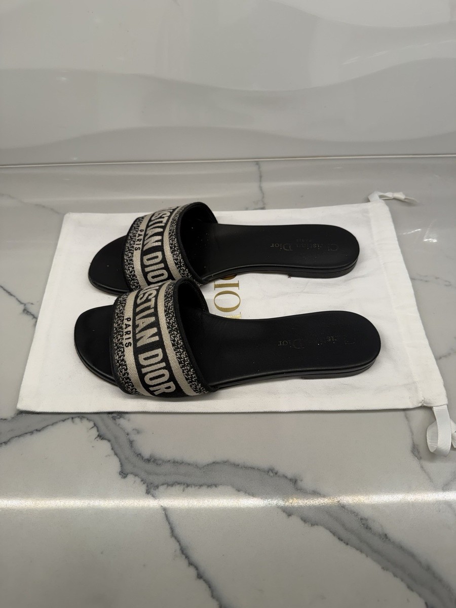 Christian Dior Dway Slides/Sandals Black Beige Cotton Logo Slip On
