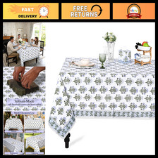 Blue Hand Block Print Cotton Tablecloth 60x60" Floral Table Cover, Reusable, M