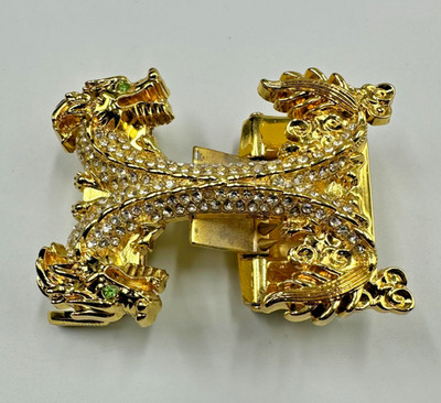 Double Dragon Rhinestone Ratchet Belt Buckle Gold Tone Automatic Slide