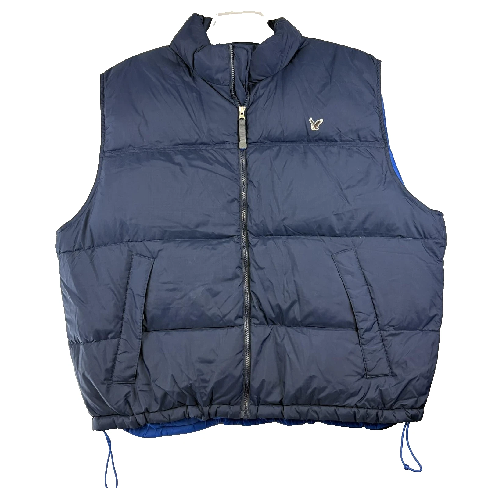 American Eagle Vest Mens 2XL Navy Down Puffer Zip Drawcord Hem Logo