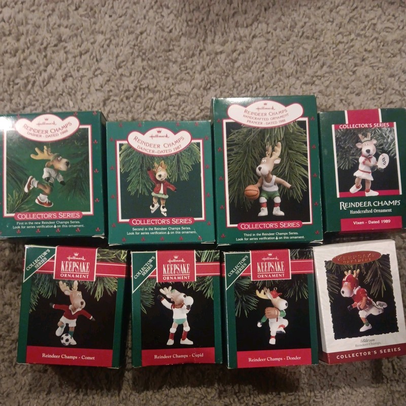 Lot of 8 Hallmark Christmas Ornaments Reindeer Champs Complete Series 1986-1993 
