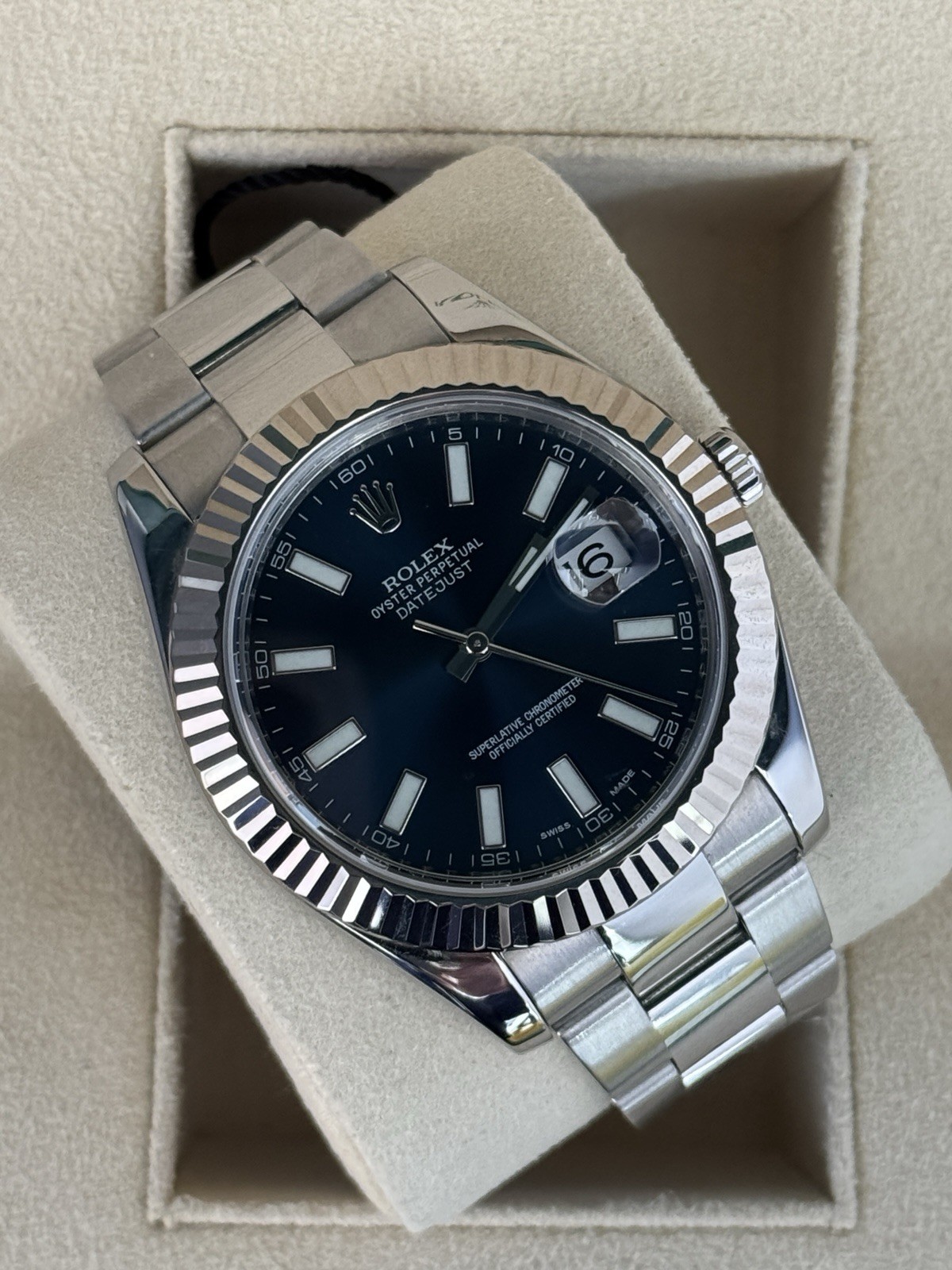 Rolex DateJust BLUE Stainless Steel 18K Fluted Oyster 41mm Watch 116334 W Only image 2