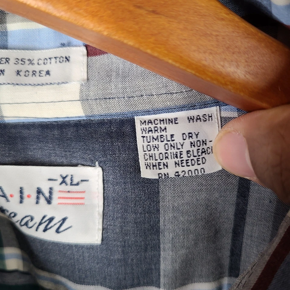 Винтажная мужская рубашка Main Stream XL серая синяя клетчатая с коротким рукавом на пуговицах классическая - Изображение 4 из 4