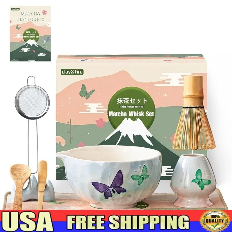 9 Piece Matcha Set Ceramic Bowl Bamboo Whisk Scoop Sifter Holder Towel New