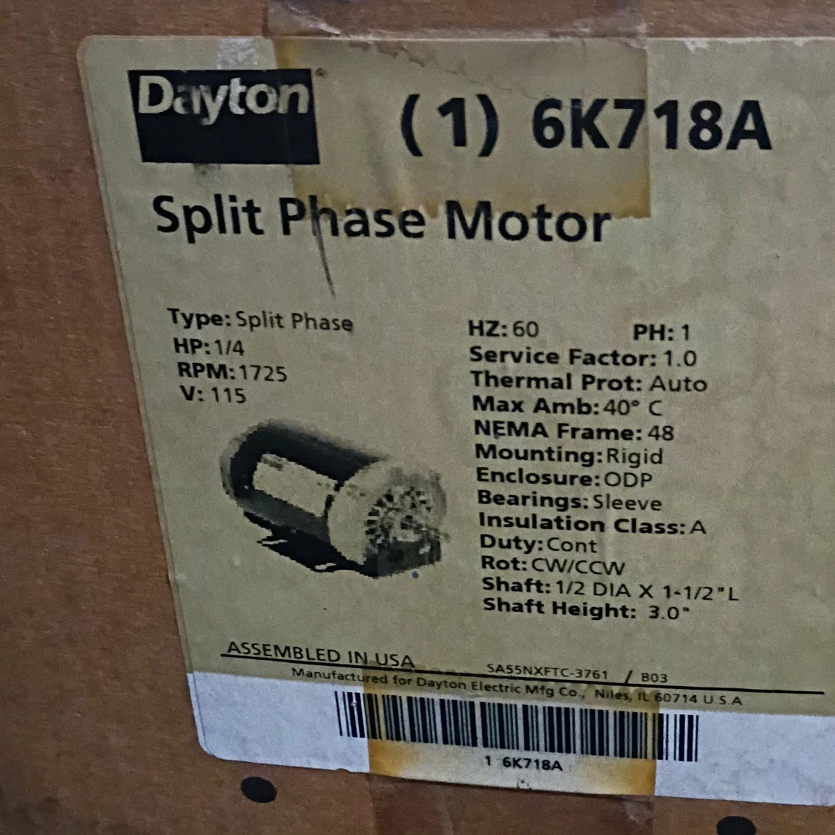 Motore Elettrico Dayton 6K517C 1/4 HP 1725 RPM 115V 48 Frame (NOS - Nuovo Vecchio Stock)